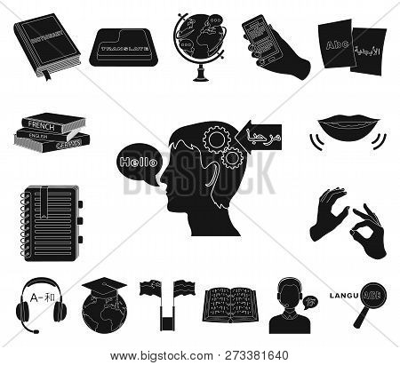 Translator And Linguist Black Icons In Set Collection For Design. Interpreter Vector Symbol Stock We