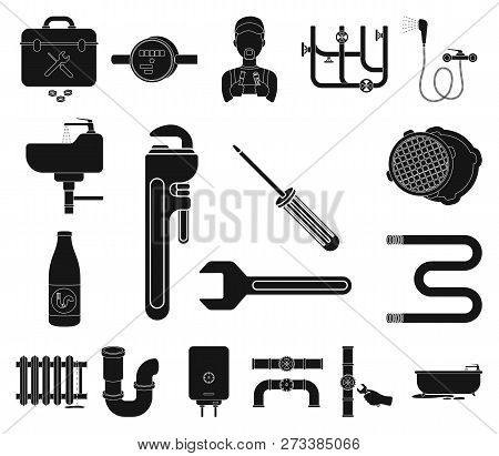 Plumbing, Fitting Black Icons In Set Collection For Design. Equipment And Tools Vector Symbol Stock 
