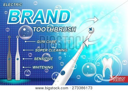 Electric Toothbrush Ads Concept. Tooth Model And Product Package Design For Poster Advertising And M