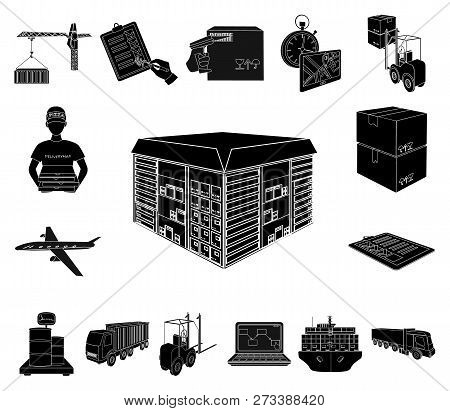 Logistics And Delivery Black Icons In Set Collection For Design. Transport And Equipment Isometric V