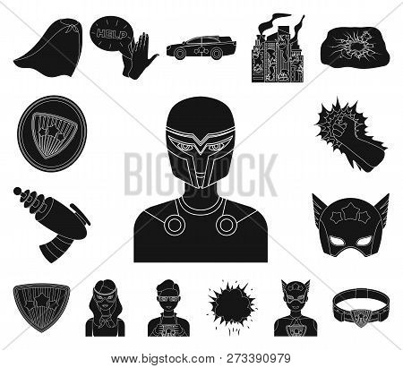 A Fantastic Superhero Black Icons In Set Collection For Design. Superheros Equipment Vector Symbol S