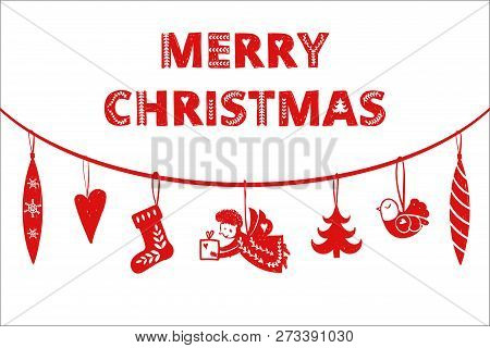 Red Simple Christmas Andel, Tree. Bird, Toys Scandinavian Nordic Style. Christmas, New Year Invitati