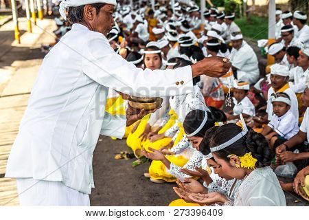 Bali, Indonesia - October 9, 2018: Holyman On A Traitional Balinese Hindu Ceremony In Ubud, Bali Isl