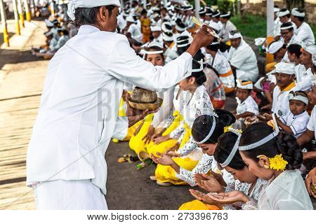 Bali, Indonesia - October 9, 2018: Holyman On A Traitional Balinese Hindu Ceremony In Ubud, Bali Isl