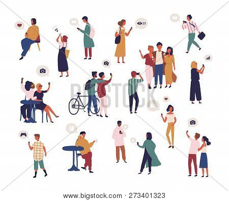 Bundle Of People Checking Social Media, Taking Selfie, Trying To Catch Wifi Signal With Smartphone. 