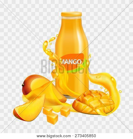 Mango Bottled Juice With Fresh Fruits And тransparent Splashes. 3d Illustration. Realistic Vector Ba