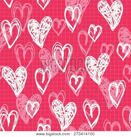 Hand Drawn Doodle White Hearts Valentines Day Vector Seamless Pattern. Cute Graffity Pink Background