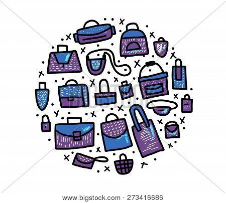 Round Badge Of Bags In Doodle Style. Hand Drawn Woman Accessories Circle Composition. Vector Color I