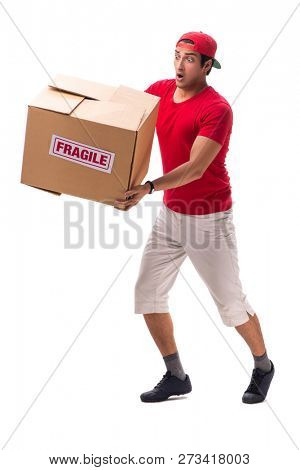 Handsome contractor holding fragile box isolated on white 