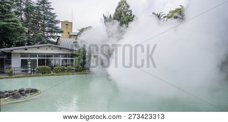 Beppu, Oita, Japan, November 8, 2018: Shiraike Jigoku (white Pond Hell) Pond In Autumn, Which Is One