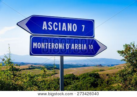 Road Sign In Crete Senesi, Italy, Tuscany