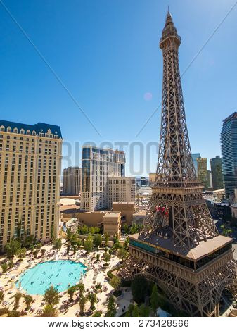 Las Vegas, USA - September 10, 2018: Eiffel tower at Paris casino aerial view from Ballys hotel at sunny morning