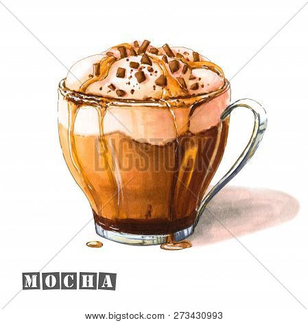 Illustration Of Mocha Coffee With Whipped Cream, Chocolate And Caramel Syrup, Sprinkled With Chocola