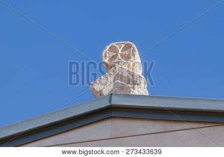 Madaba, Jordan, December 05, 2018 : Stone Cross On The Roof Of Memorial Church Of Moses On Mount Neb