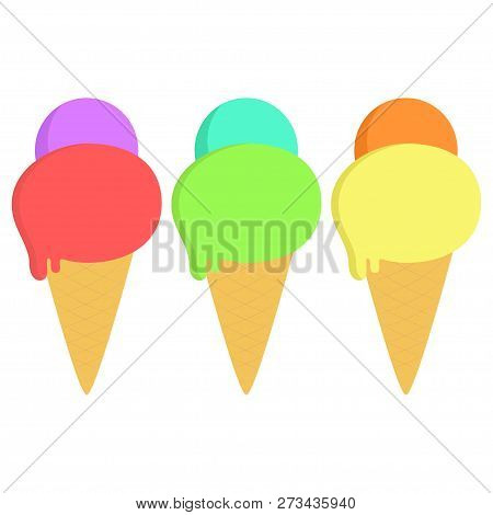 Ice Cream In A Waffle Cone. A Set Of Ice Cream, Ice Cream With Various Flavors. Vector Illustration 