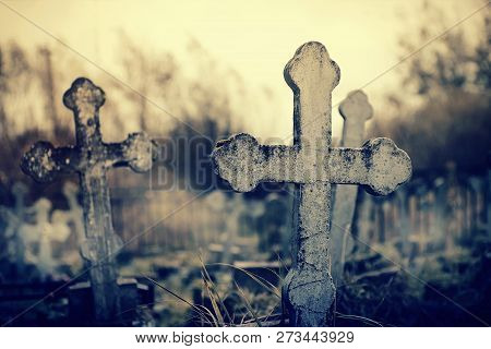The Old Lop-sided Sepulchral Crosses On The Thrown Graves At The Cemetery.