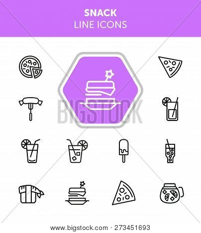 Snack Line Icons. Set Of Line Icons On White Background. Picnic Concept. Pizza, Cocktail, Sausage. C