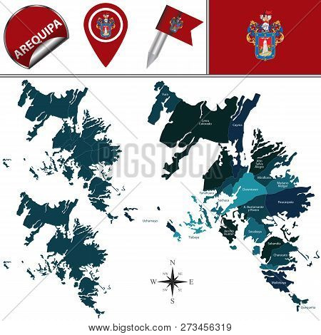 Vector Map Of Arequipa In Peru With Named Districts And Travel Icons.