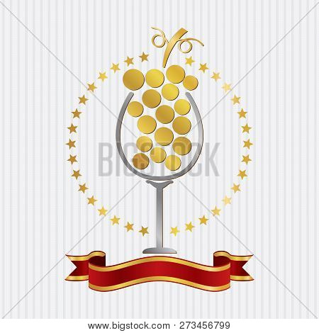 Goldern Award Of Best Grape Wine With Ribbon