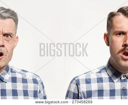Collage Of Two Portraits Of The Same Old And Young Man. Face Lifting, Aging And Skincare Concept For