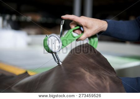 Woman Hands Use Leather Thickness Gauge On With A Natural Brown Leather. Preparing Of The Raw Materi