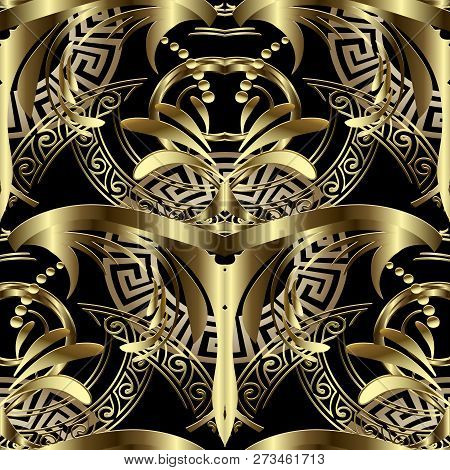 Gold Ornate 3d Vintage Greek Vector Seamless Pattern. Luxury Orn