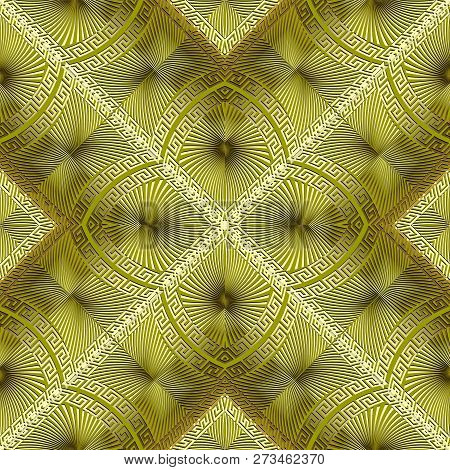 3d Gold Radial Geometric Greek Seamless Pattern. Ornamental Abst