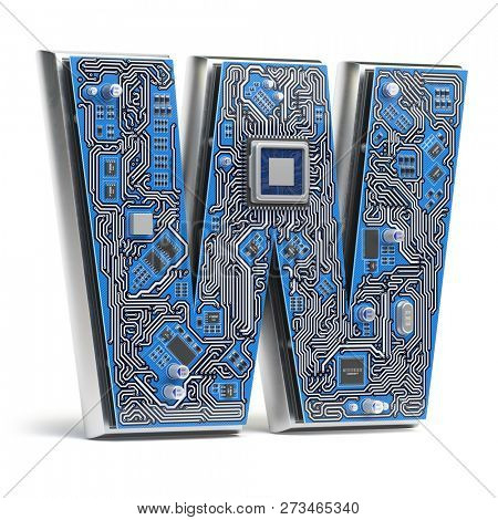 Letter W.  Alphabet in circuit board style. Digital hi-tech letter isolated on white. 3d illustration