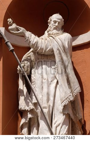 MODENA, ITALY - JUNE 04: Saint Barnabas statue on the portal of St. Barbabas Church, Italy on June 04, 2017.