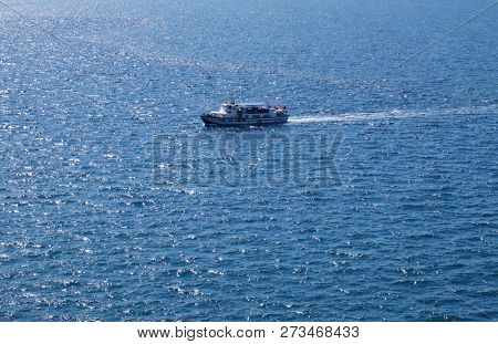 PORTOROZ, SLOVENIA - JUNE 26: Typical touring boat on Adriatic sea in Portoroz, Slovenia, on June 26, 2015.