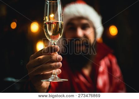 Champagne In Hands Festive Happy Men. Santa Claus Wishes Merry Christmas And Happy New Year. Santa I