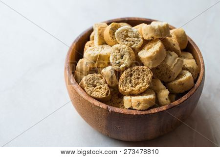 Stack Of Round Shaped Crispy Rye Crouton Bread Biscuits / Crostini