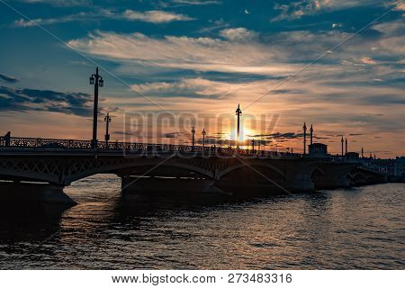 Blagoveschensky Bridge. St Petersburg City Of Russia. Summer Sunset, Evening Sky And Clouds