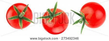 Cherry Tomato With Green Stem Isolated On White Background