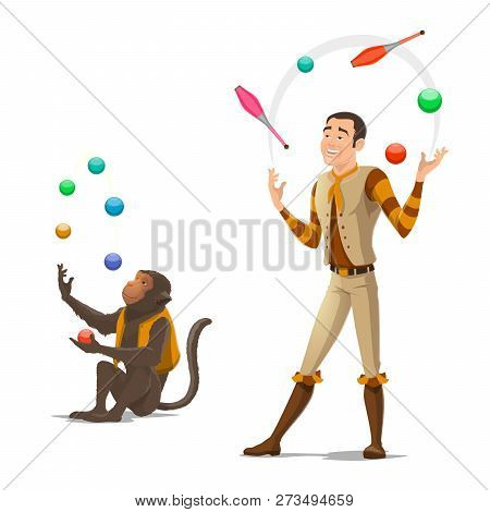Circus Juggler With Trained Monkey Juggling Balls And Clubs. Vector Isolated Circus Animals And Equi