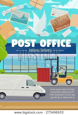 Post Office And Mail Delivery Of Newspapers, Letter Envelopes With Stamps. Vector Correspondence Pos