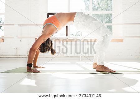 Strong Healthy Woman Doing Exerciese Bridge On Fitness Mat In Whit Gym. Yoga Girl Doing Stretching E