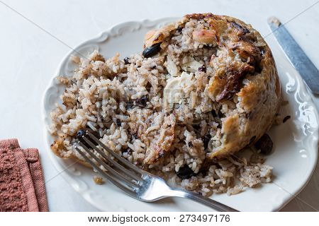Turkish Perde Pilavi / Drape Pilaf With Chicken, Almond And Raisin / Pilav