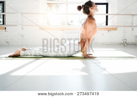 Taned Fit Woman Practicing Yoga Indoor White Class. Athletich Strong Girl Practice Cobra Asana In Su