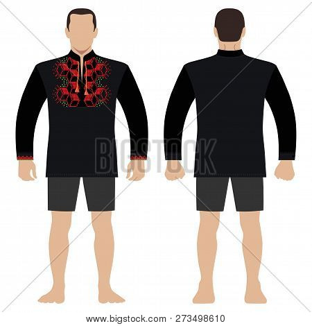 Fashion Man Body Full Length Template Figure Silhouette In Shorts And Slavic Shirt Vyshivanka (front