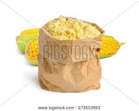 Corn Flour In Papeer Bag. Isolated On White Background