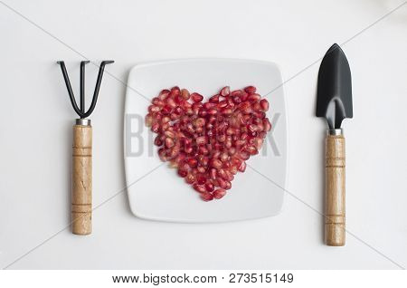 Red Pomegranate Seeds In Shape Of Heart In A Dish