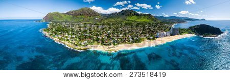 Aerial panorama of the west coast of Oahu with Makaha Valley and Papaoneone beach. Hawaii, USA