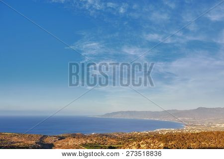 Looking Across A Campsite Towards Chrysohou Bay, Laatchi, Polis And The Troodos Mountains, Akamas Pe