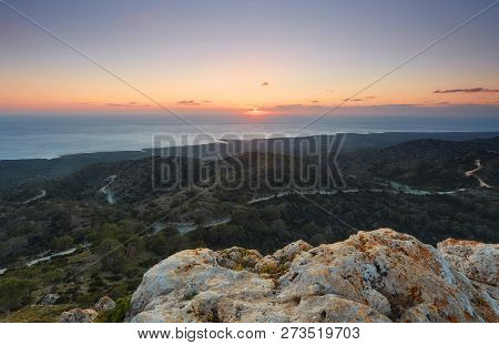 Sun Setting Behind Mediterranean Sea At Akamas, Cyprus. Hdr Landscape Shot.