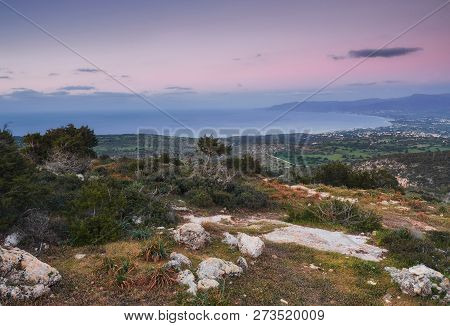 Sun Setting Behind Mediterranean Sea At Akamas, Cyprus. Hdr Landscape Shot.