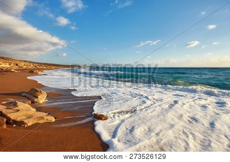 Beautiful Wild Beach With Clear Turquoise Water And Waves. Lara Beach, Cyprus.