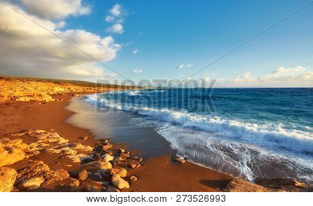 Beautiful Wild Beach With Clear Turquoise Water And Waves. Lara Beach, Cyprus.