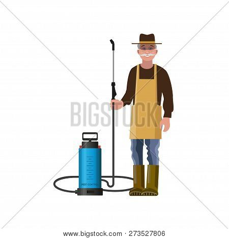 Farmer With Garden Sprayer. Vector Illustration Isolated On White Background