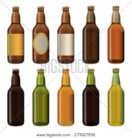 Set Of Different Bottles, Sealed And Filled With Beer. Vector Illustration Isolated On White Backgro